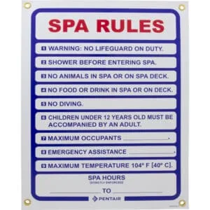 Pentair Rainbow Commercial Pool Safety Sign - Public Spa Rules 18"X24" Plastic - R230300